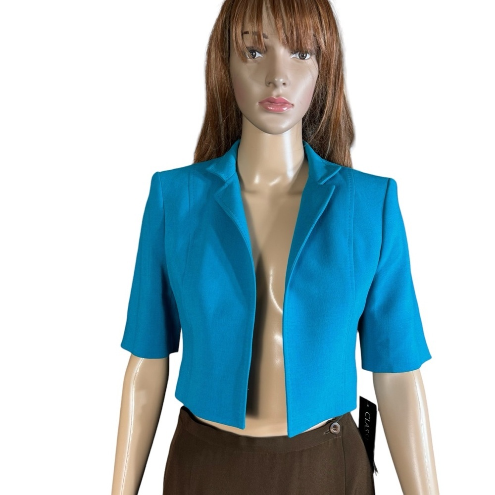 NWT New Anne Klein Short Sleeve Crop Open Front Turquoise Jacket Size 0